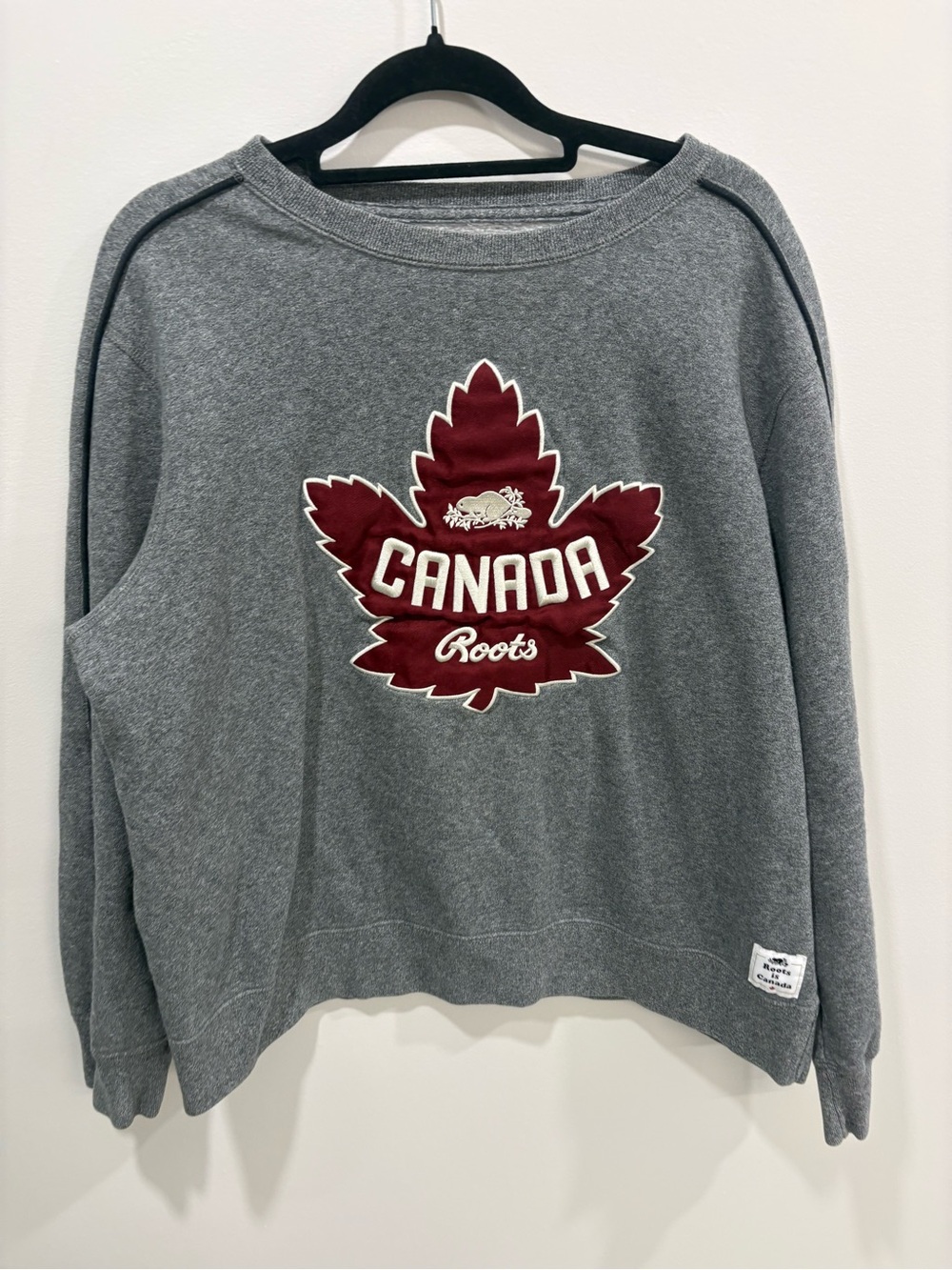 Roots Grey Sweatshirt with Maroon Maple Leaf Canada Logo